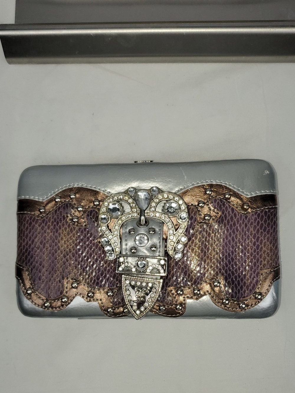Rhinestone Buckle Silver Metallic & Purple Wallet